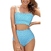 SHEKINI Women's Bikini Sets Shirred Bandeau Bikini Top High Waist Bathing Suit Removable Straps Two Piece Swimsuit