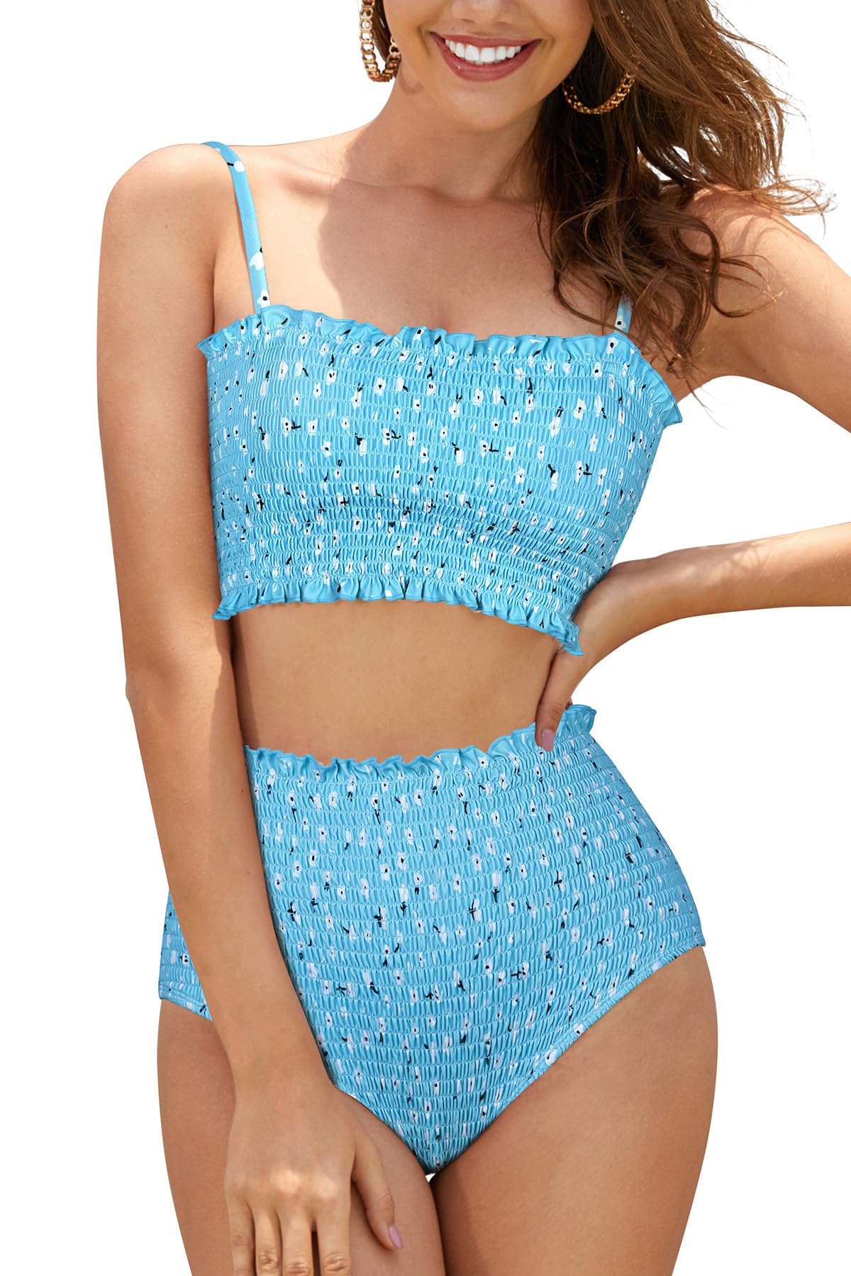 Photo 1 of SHEKINI Women's Bikini Sets Shirred Bandeau Bikini Top High Waist Bathing Suit Removable Straps Two Piece Swimsuit, L, Light Blue