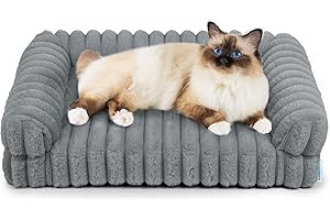 Chicute Thick Orthopedic Cat Sofa, Waterproof Supportive Foam Small Dog Sofa Bed with Washable Cover, Faux Fur Comfy Bolster Couch Pet Beds with Nonskid Bottom (Grey, 24"x18")
