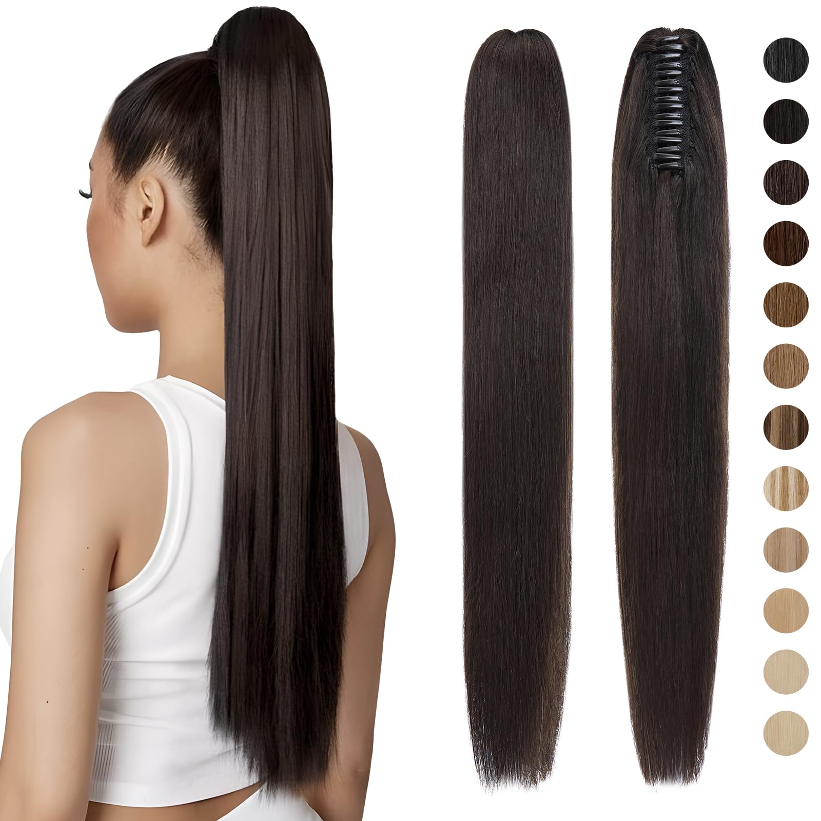 Silk-co Straight Ponytail Extensions Human Hair One Piece Claw Clip Ponytail Real Remy Hair 18inch #1B Natural Black — image 1