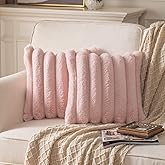 Yaertun Pink Striped Decorative Throw Pillow Covers 18x18 Inch Set of 2 Plush Soft Pillowcase with Velvet Back Faux Rabbit Fur Cushion Covers Sofa Couch Bed Livingroom