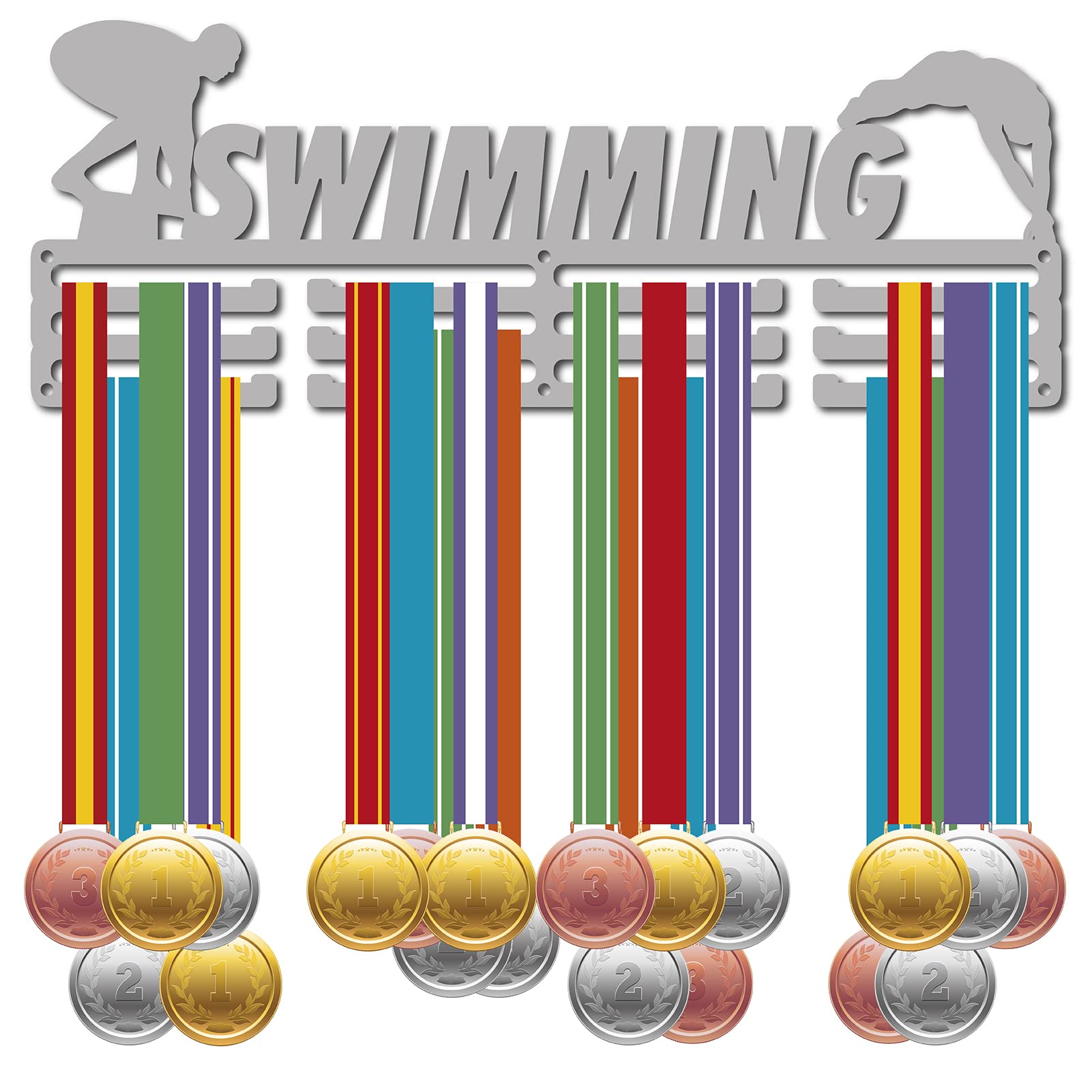 CREATCABIN Swimming Medal Hanger Display Medal Holder Sport Rack Award Metal Holder Sturdy Wall Mounted for Wall Swimmer Runner Athletes Players Gymnastics Gift Over 60 Medals, Silver 15.7 x 5.9 Inch