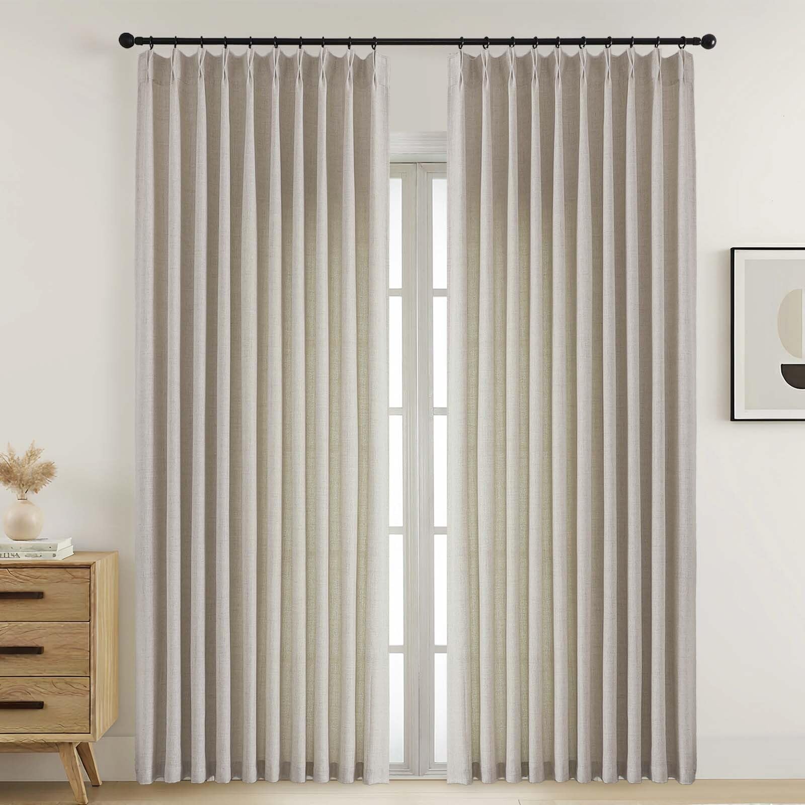 Photo 1 of Ebesto Extra Wide Pinch Pleated Curtains 84 Inches Long 2 Panels Set, Soft Thick Textured Window Curtains, Light Filtering Farmhouse Drapes for Patio Sliding Glass Door, Linen Color, 2x60Wx84L Inches