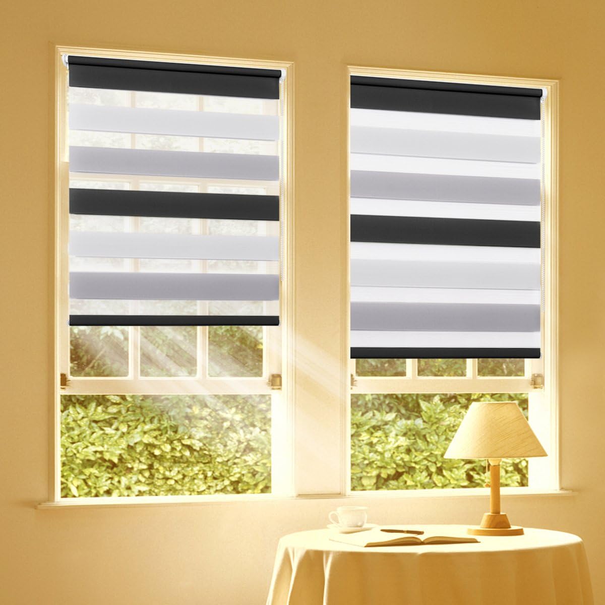Sunfree Double Roller Blind, Day and Night Window Roller Blind without Drilling Translucent or Blackout Zebra Roller Blind 90x150, White - Grey - Anthracite