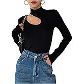 Floerns Women's Cut Out Asymmetrical Long Sleeve T Shirts Mock Neck Ribbed Tee Tops