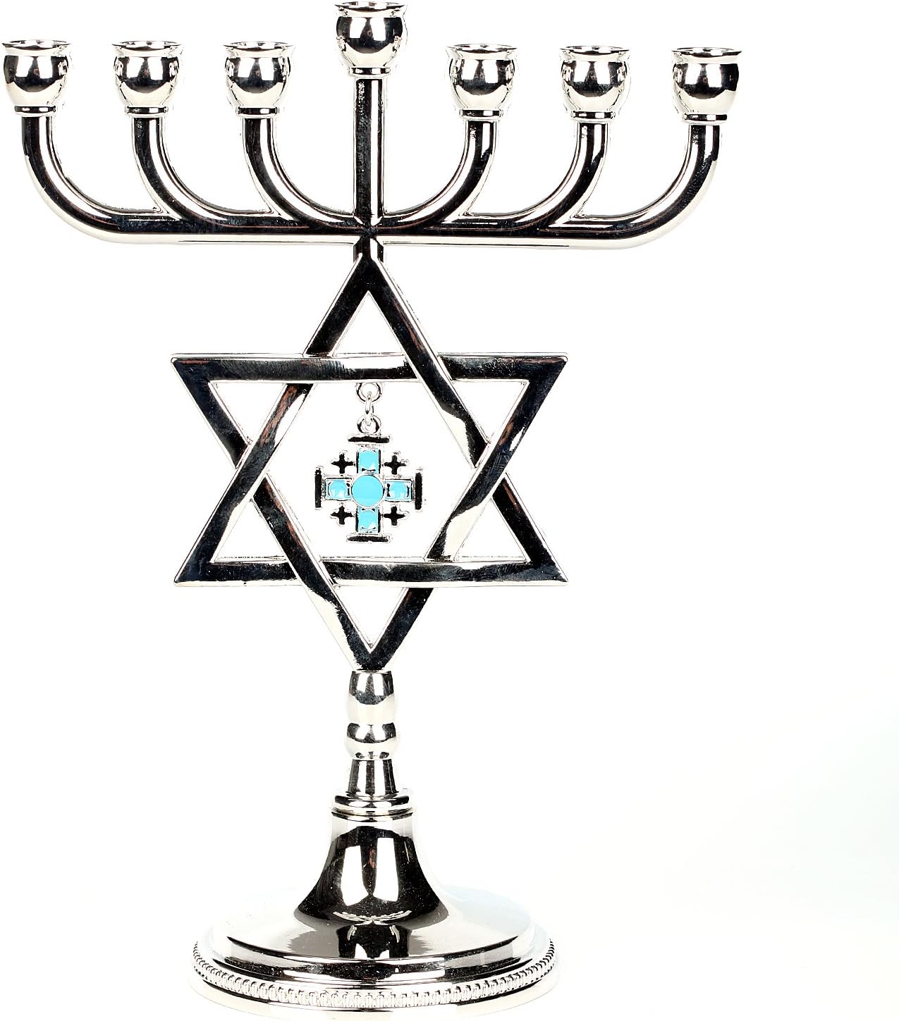 Jerusalem Menorah,Jewish Menorahs 7 Branch Star of David and Jerusalem Cross Charms Design Menorah (Silver)