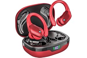 HAOYUYAN Wireless Earbuds, Sports Bluetooth Headphones, 80Hrs Playtime Ear Buds with LED Power Display, Noise Canceling Headset, IPX7 Waterproof Earphones for Workout/Running (Red)