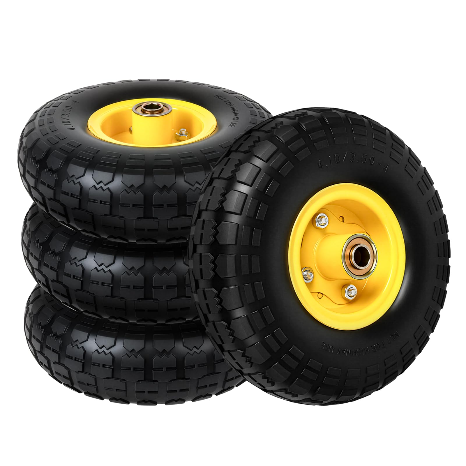 Photo 1 of *** ONE USED TIRE 3 NEW**** 4.10/3.50-4 Flat-Free Rubber Tires and Wheels 10'' Solid Wheels with 5/8" Axle & 2.1" Offset Hub Puncture-Proof Wheel for G orilla Carts Hand Trucks Wheelbarrows Garden Wagons Dolly, 4-Pack, Yellow