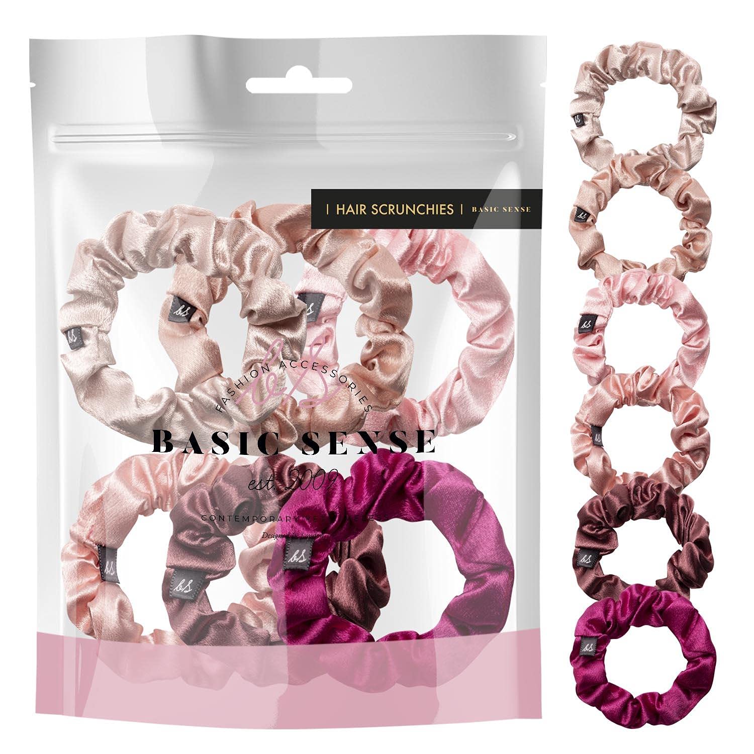 Basic Sense Skinny Satin Hair Scrunchies for Fine Hair, Snag-Free, Strong Hold, A set of 6pcs, Pink Assortment