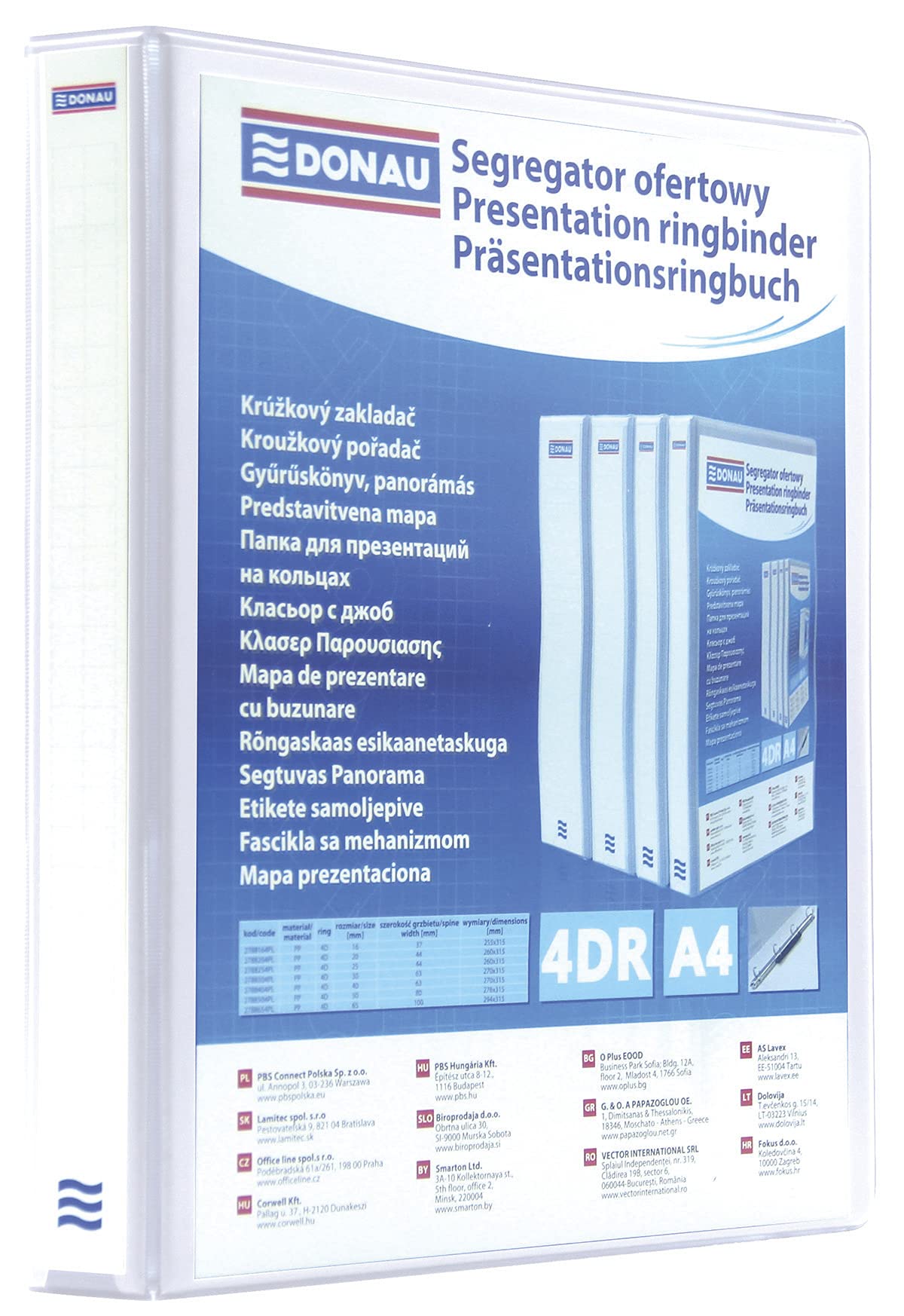 Display Ringbinder DONAU PP A4/4RD/65 White/Document Archiving/Type-A4/4RD/65 / Kind-Ofertowy/Pockets-2 Wewnętrzne, 2 Zewnetrzne, 1 Grzbietowa/Material-Cardboard/pp