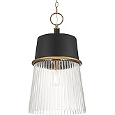 Minka Lavery 194-876 Stamford 15" Wide Pendant - Dark Matte Black and Legacy Brass with Clear Ribbed Glass