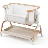 3 in 1 Baby Bassinet,Rocking Bassinets Bedside Sleeper with 6 Adjustable Heights,Breathable Full-Mesh,Comfortable Mattress &amp; Lockable Wheels,Stable Rolling Portable Crib for Newborns,Wood Grain Design