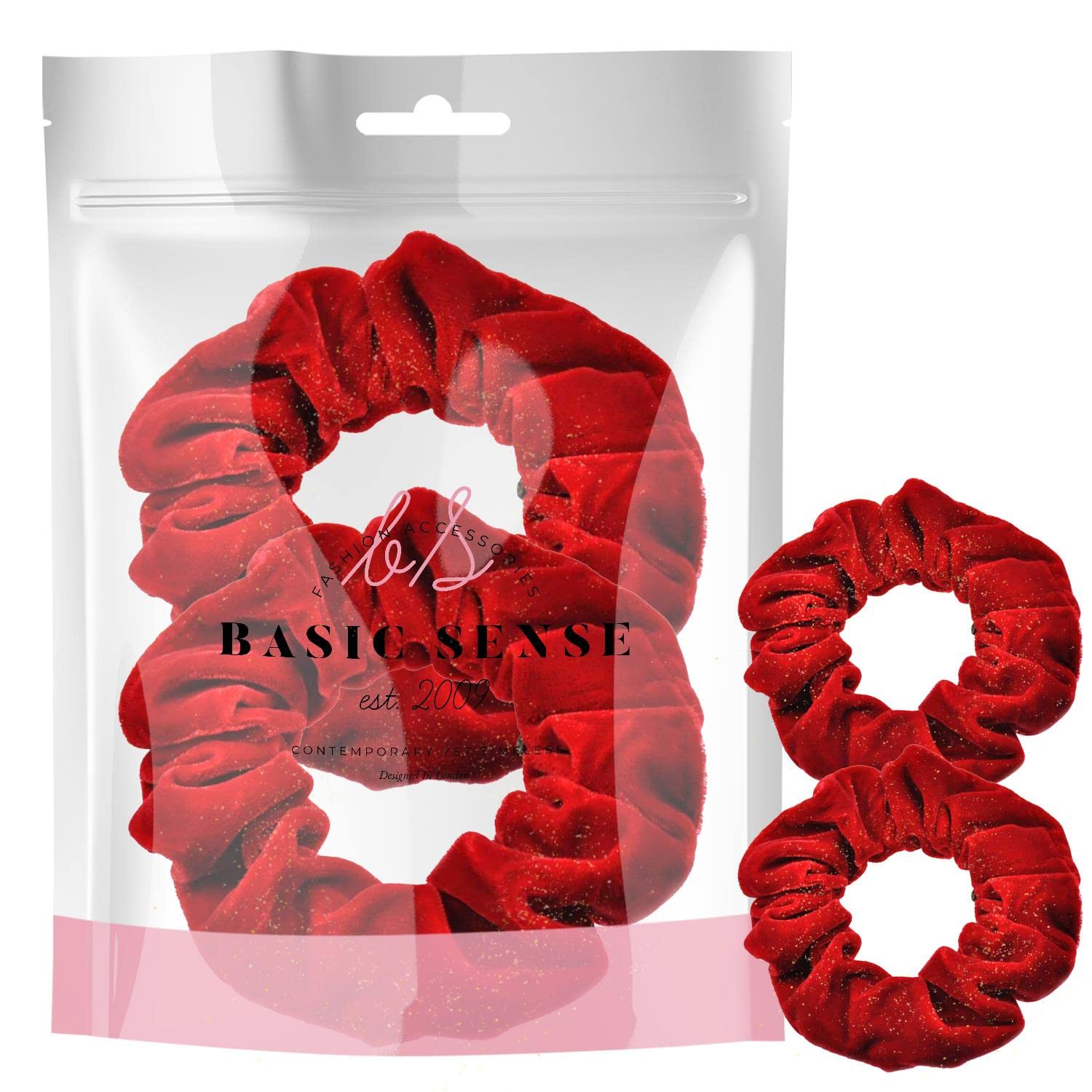 BasicSense 2PCS Large Velvet Glitter Scrunchies Shiny Hair Ties Bands for Hair updo ponytail Scrunchy, Red