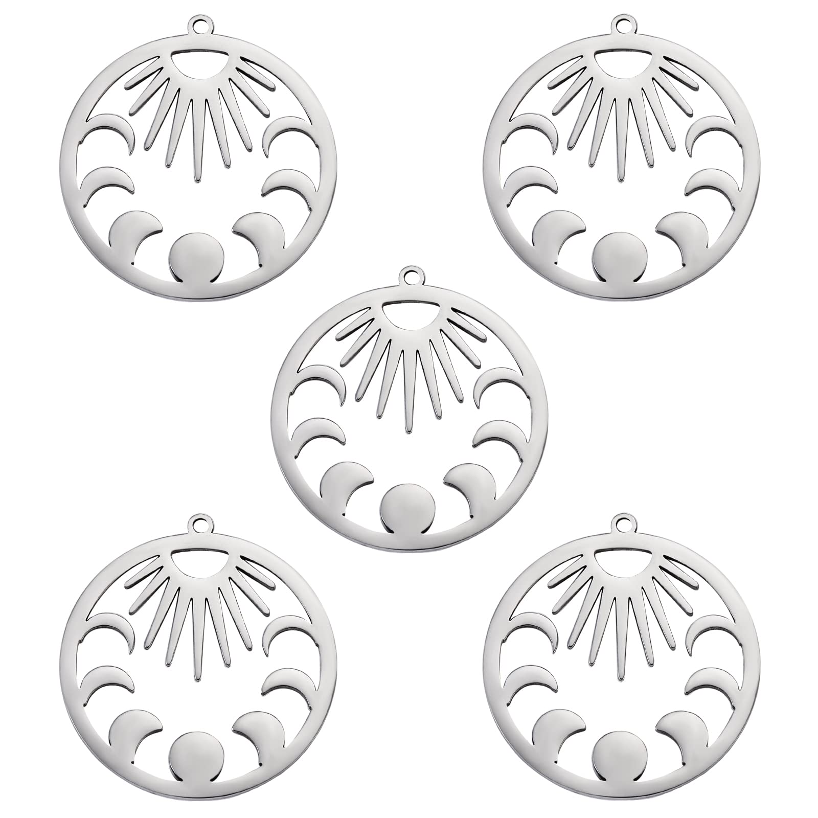 COGCHARGER 5 Pieces Moon Phase Charms Pendants Flat Round Moon Star Charm 201 Stainless Steel Pendants Multi-color for Jewelry Necklace Bracelet Making