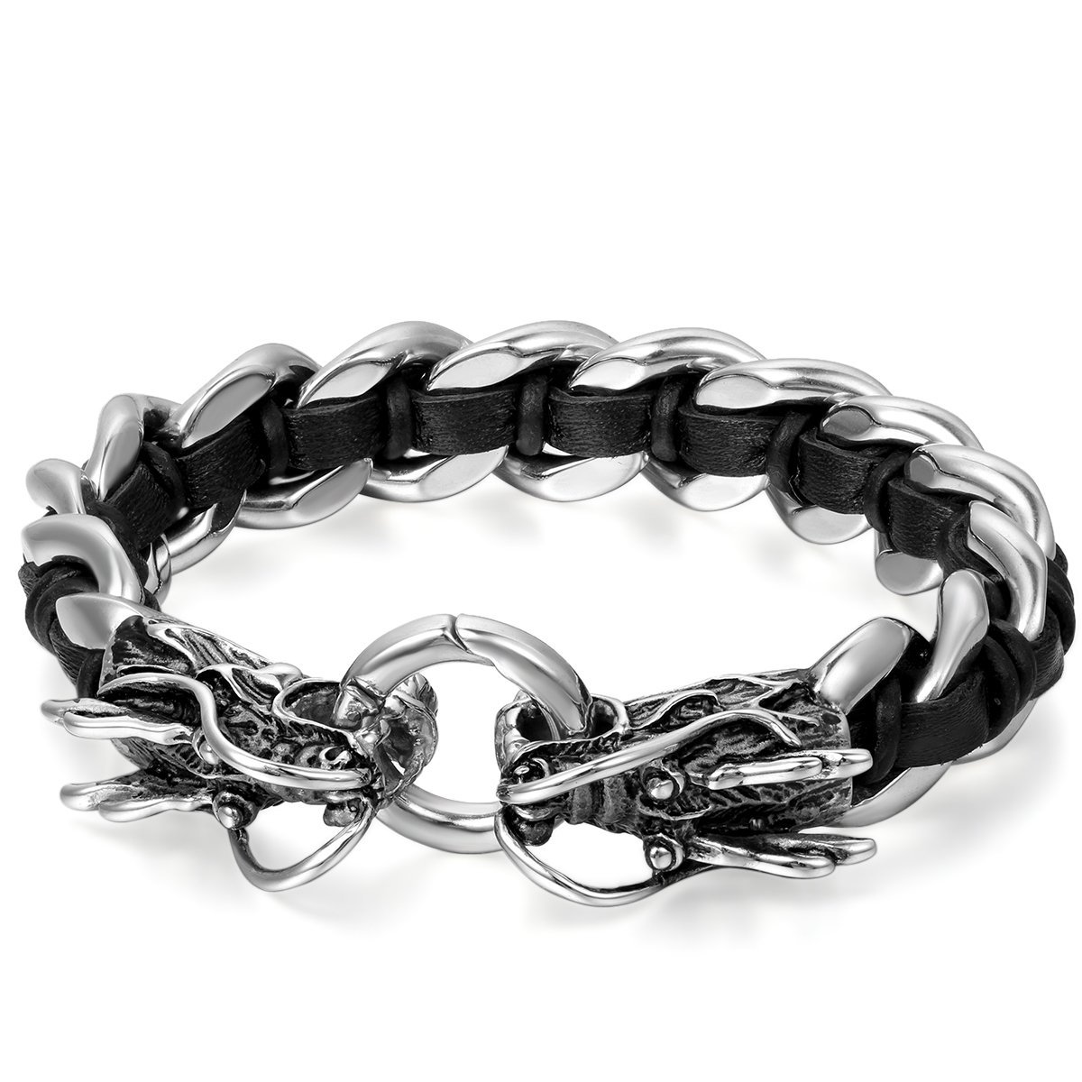 JewleryWe Gift for Dad Mens Stainless Steel Dragon Curb Chain Bracelet Interwoven with Black Genuine Leather Strap
