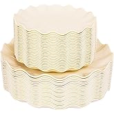 LIYH 50 Pcs Beige Plastic Plates Reusable Unbreakable Dinner Plates Scalloped Plastic Plate Dishwasher Safe Ivory Plate Sets Perfect for Parties Birthday Picnics BPA Free (25Guests)