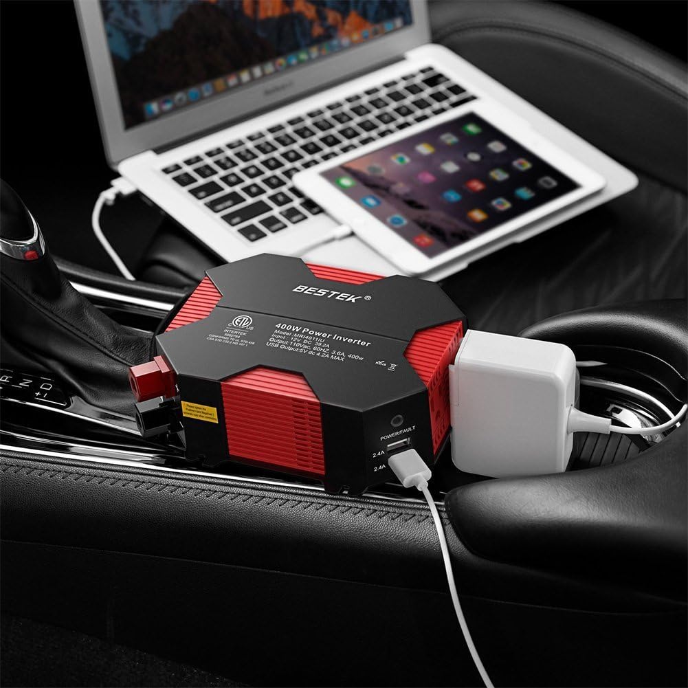 BESTEK 400W 400Watt 400W/500W DC 12V 110V Inverter with 4 USB Charging Ports, Power Converter with 2 AC Outlets Battery Clip Charger, Car Adapter (Upgrade Version): Automotive