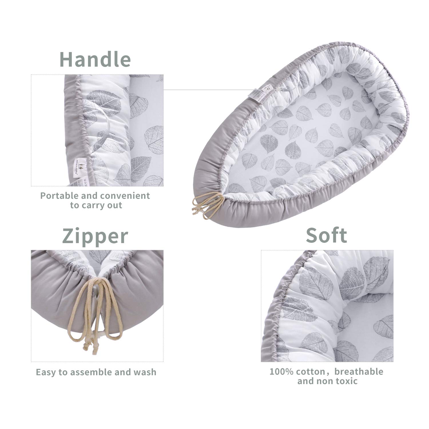 Baby Lounger, Baby Lounger Cosleeper and Baby Nest, Portable 100% Organic Soft Cotton Baby Loungers Pillow Crib, Machine Washable Breathable Newborn Lounger Baby Nest for Cosleeping (Grey Leaf): Baby