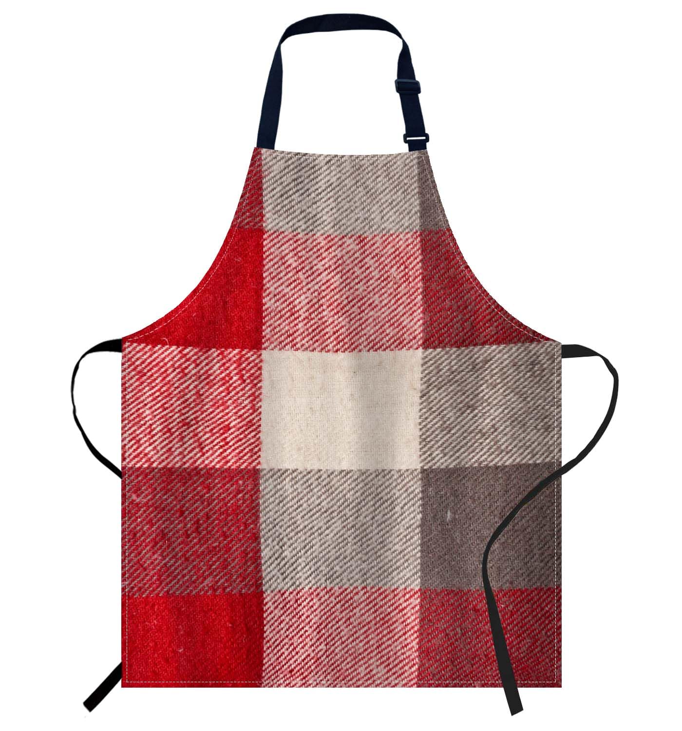 Smooffly Red and grey tartan Apron Adjustable Bib Chef Aprons Cooking Apron Unisex Women Men Aprons Perfect for Home Kitchen, Baking, Gardening, Restaurant, Coffee house BBQ