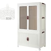 Portable Wardrobe Closet Storage Organizer for Clothes, Folding Storage Bins with Lid, Stackable Storage Box with Hanging Rod and Doors, Collapsible Cabinet with Wheels, 10 Hangers for Bedroom, Office