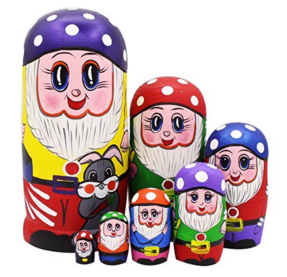 Lovely Gnome Dwarfs With Mushroom Cap and Grey Rabbit Handmade Wooden Russian Nesting Dolls Matryoshka Dolls Set 7 Pieces For Kids Toy Birthday Christmas New Gift Gift Home Decoration (Blue) (Purple)
