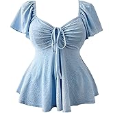 SOLY HUX Women's Plus Size Short Sleeve Tie Front Blouse Ruffle Short Sleeve Shirts Babydoll Tops