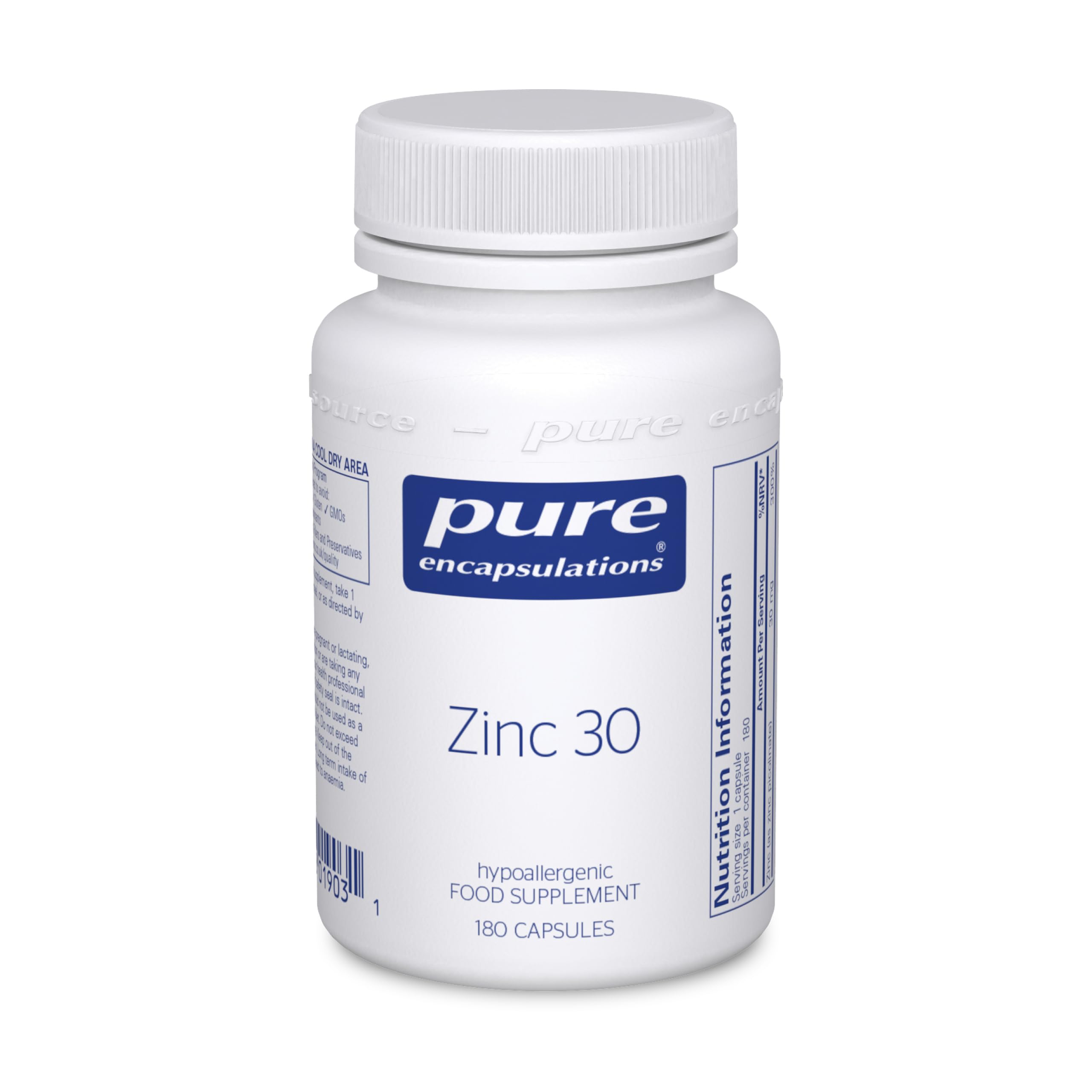 Pure Encapsulations Zinc 30 - Zinc Picolinate 30mg - Highly Absorbable Hypoallergenic Supplement - 180 Capsules