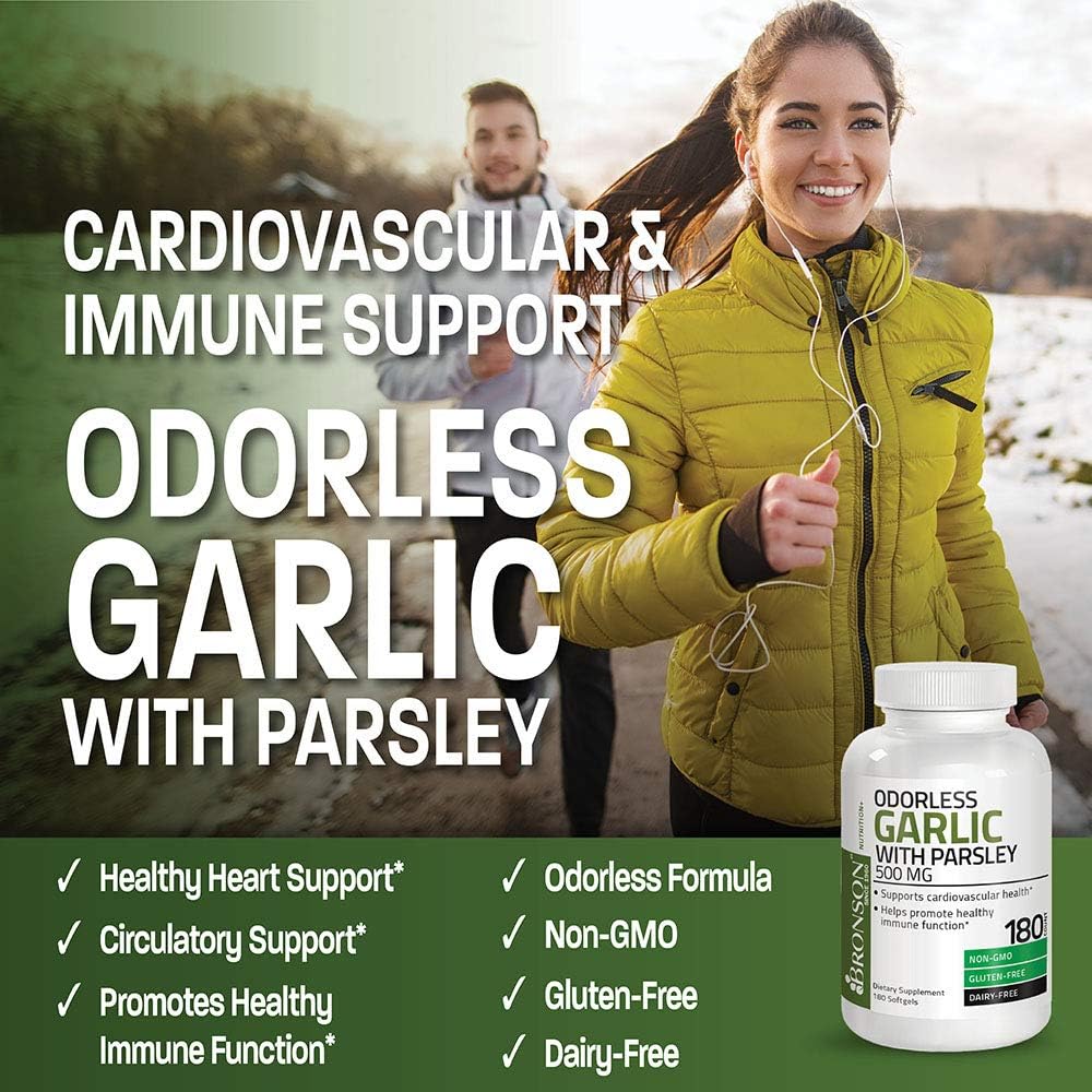 Bronson Odorless Garlic with Parsley Capsules 500 mg - Supports Cardiovascular Health - Promotes Immune Function, Non-GMO, 180 Softels: Health & Personal Care
