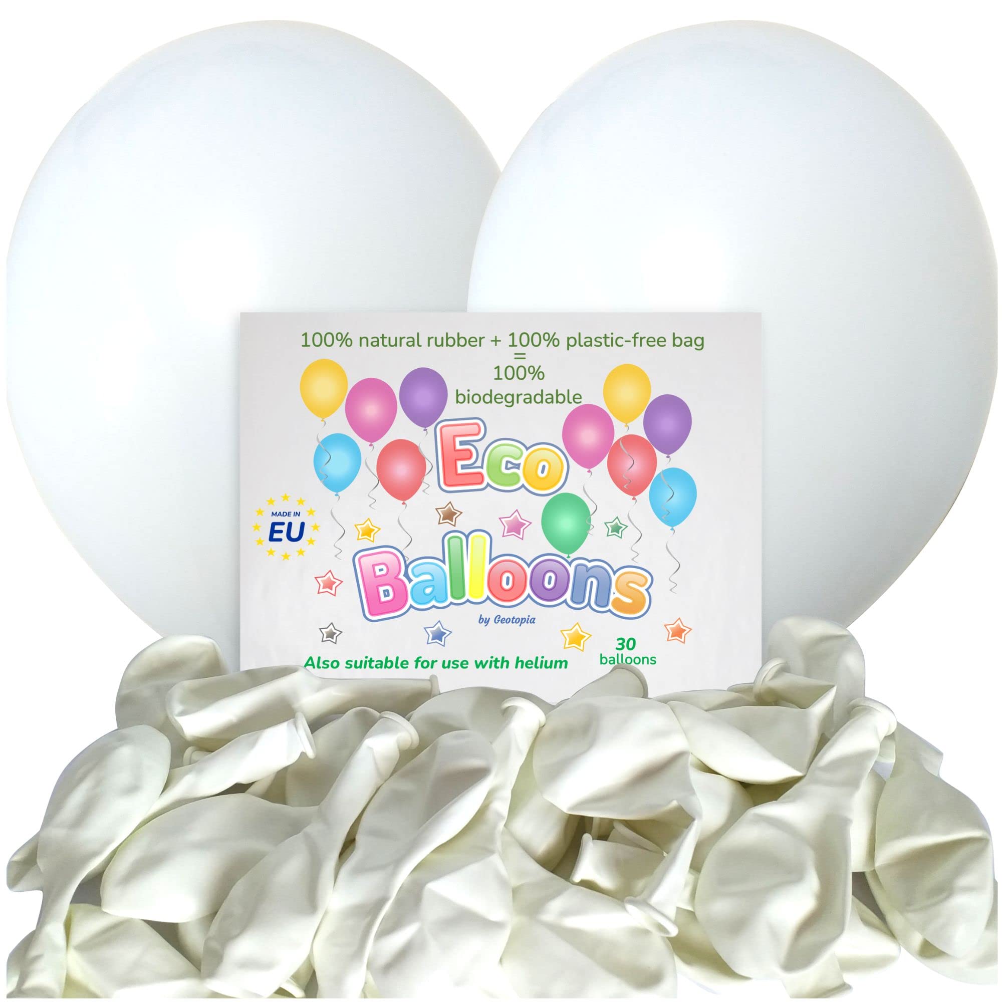 Large Biodegradable Party Balloons Pack Suitable for Helium - 12" White Balloons - Eco-friendly Balloons Made of 100% Natural Rubber and Packed in Biodegradable Packaging (Pack of 30)