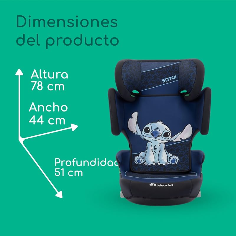 Disney RoadFix i-Size, Cadeira Elevadora de Encosto, 3,5-12 anos (100-150 cm), Cadeira Stitch, Dobrável, Leve (4,4 kg), 14 Posições de Apoio de Cabeça, Ponto Autêntico