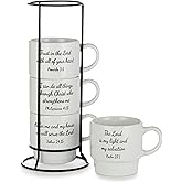 Signature Housewares Stackable Coffee Mug Tower Set with Metal Wire Rack - 15 Ounce Coffee Mugs for Coffee, Tea, Cocoa, Milk, Cappuccino, Hot Chocolate Set of 4 - Inspirational Bible Verses