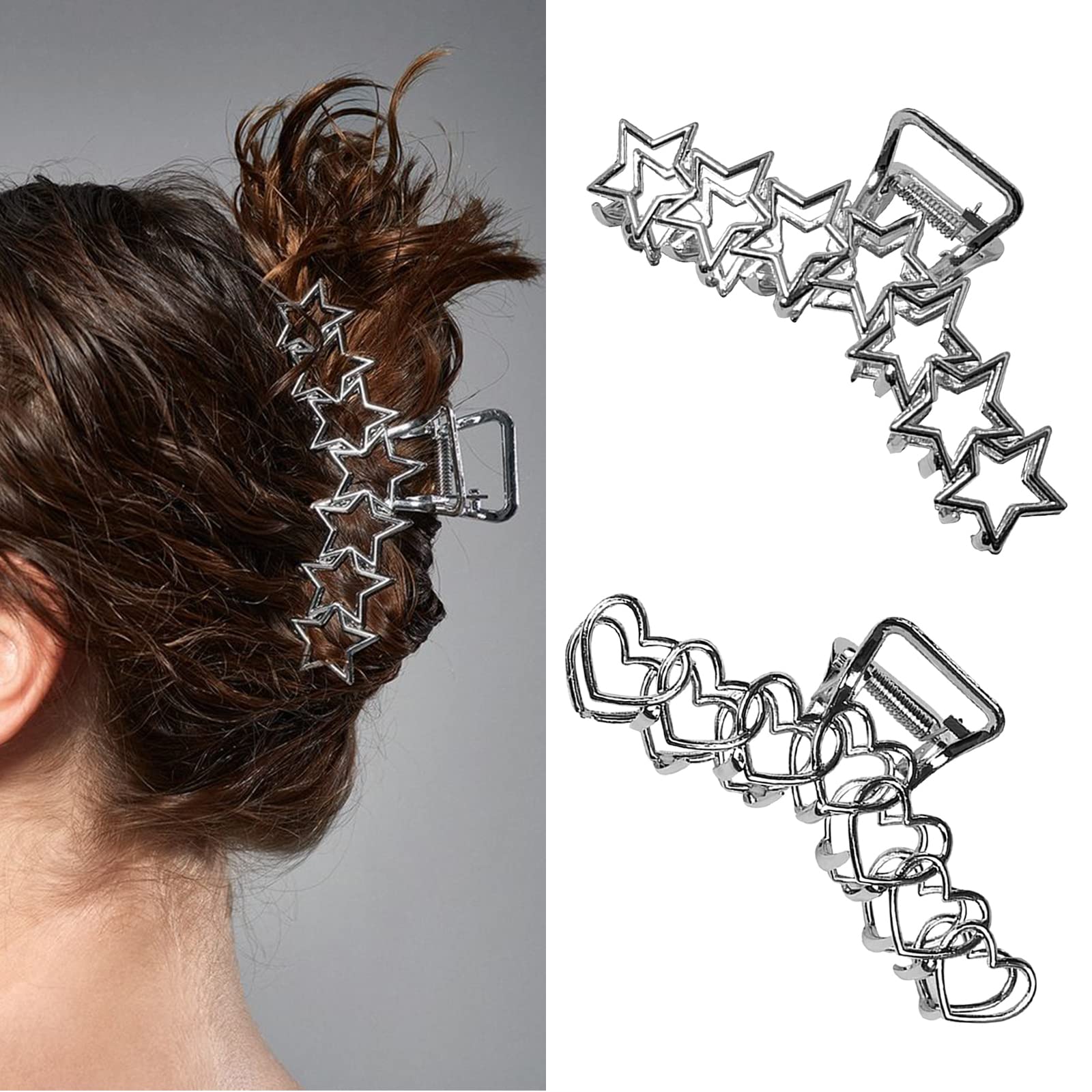 Photo 1 of VOTACOS 2PCS Y2k Metal Hair Claw Clips Star Heart Hair Clips for Women Big Nonslip Design Claw Hair Clips for Thick and Thin Hair Stitching Silver Large Hair Accessories for Women and Girls.