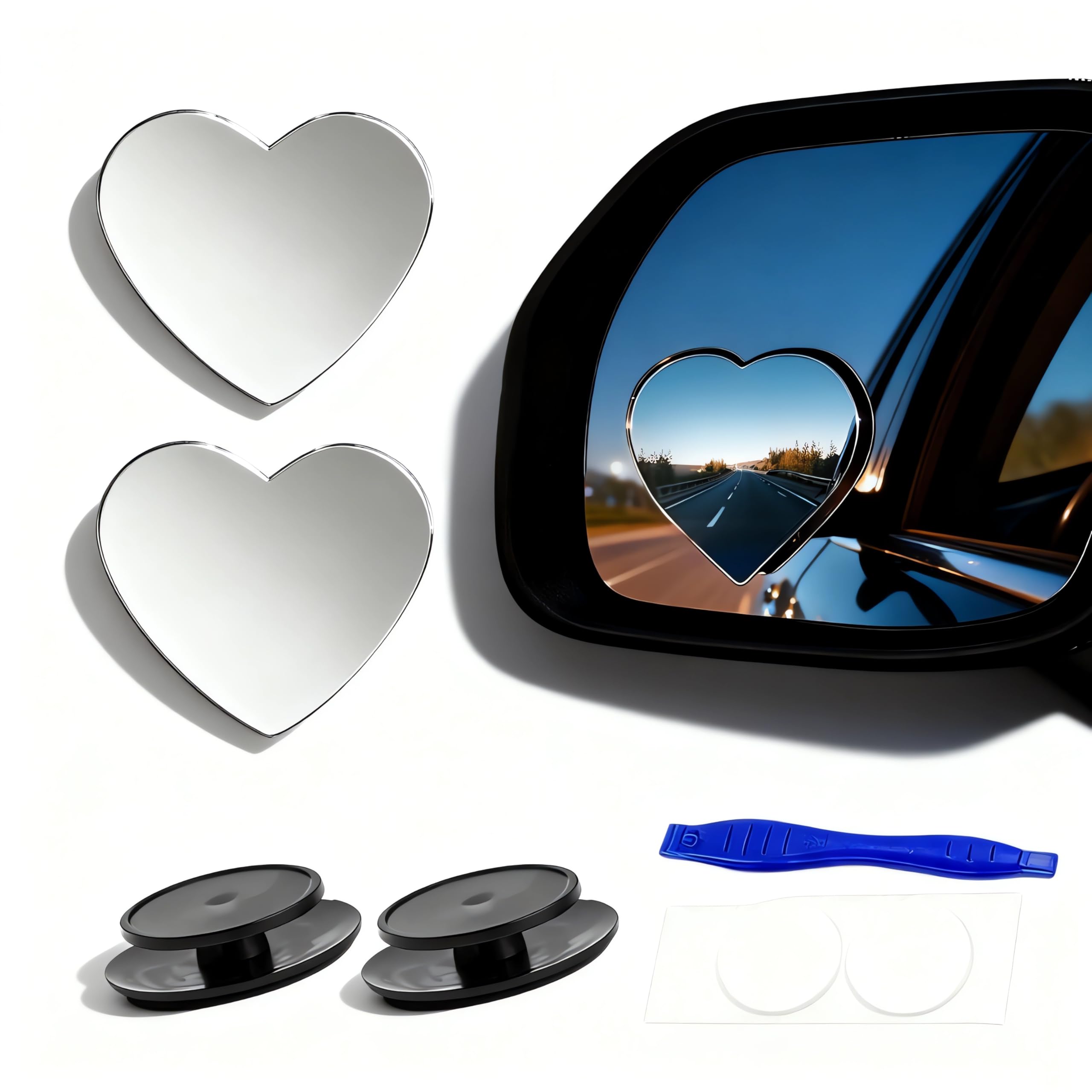Photo 1 of 2 pcs Blind Spot Mirrors, 2" Heart Shaped HD Glass Convex 360° Wide Angle Side Rear View Mirror with ABS Housing for Cars SUV and Trucks, Chrome Heart shape, Pack of 2