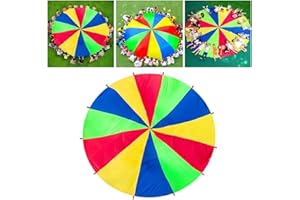 Parachute for Kids, Rainbow Parachute Easy Grip Parachutes with 12 Continuous Handle Around for Tent Cooperative Games Birthd