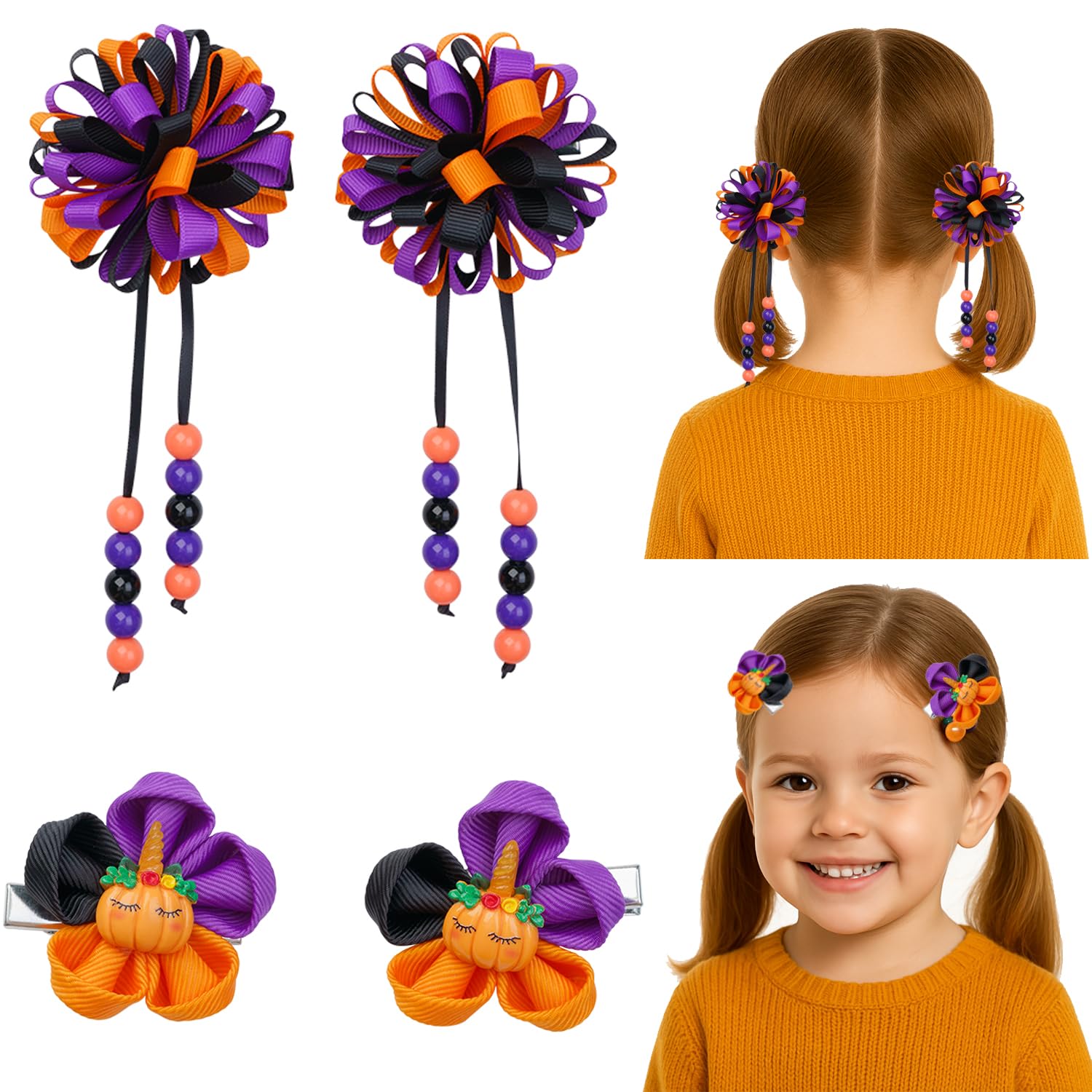 Photo 1 of 4Pcs Pumpkin Fall Hair Bow Clips for Girls Kids Teens, Cute Thanksgiving Holiday Hair Accessories with Grosgrain Ribbon Cheer Bows & Alligator Barrettes, Crazy Hair Day, Party, Costume
