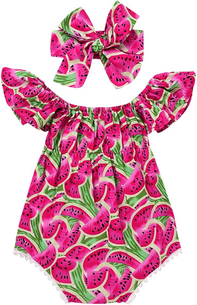 Aalizzwell Newborn Baby Girls Watermelons Printed Ruffle Bodysuit with Headband (6-12M, Pink Watermelon)