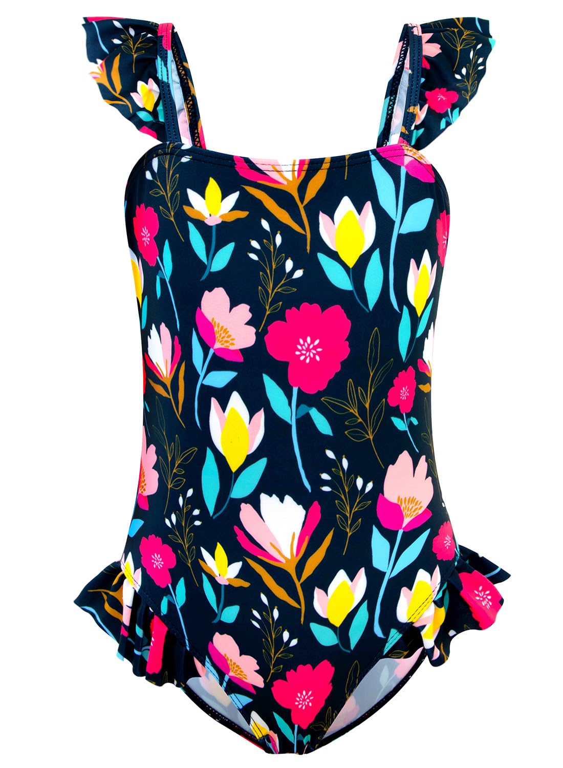 Photo 1 of DAXIANG 2025 Stylish Summer Hawaiian One Piece Simming Girls Ruffle Sleeve Bathing Suit Floral Swim Suit Black Floral 6 Years 7 Years