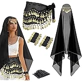 4 Pcs Belly Dance Outfit Sets Belly Dance Chiffon Hip Scarf, Head Scarf with Gold Coins 2 Coin Wrist Bracelet 50 Bobby Pins