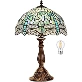 Pterying Tiffany Dragonfly Table Lamp, 18'' Tall Vintage Stained Glass Lamp for Bedroom Living Room, 1 LED Bulb (2700K E26) I