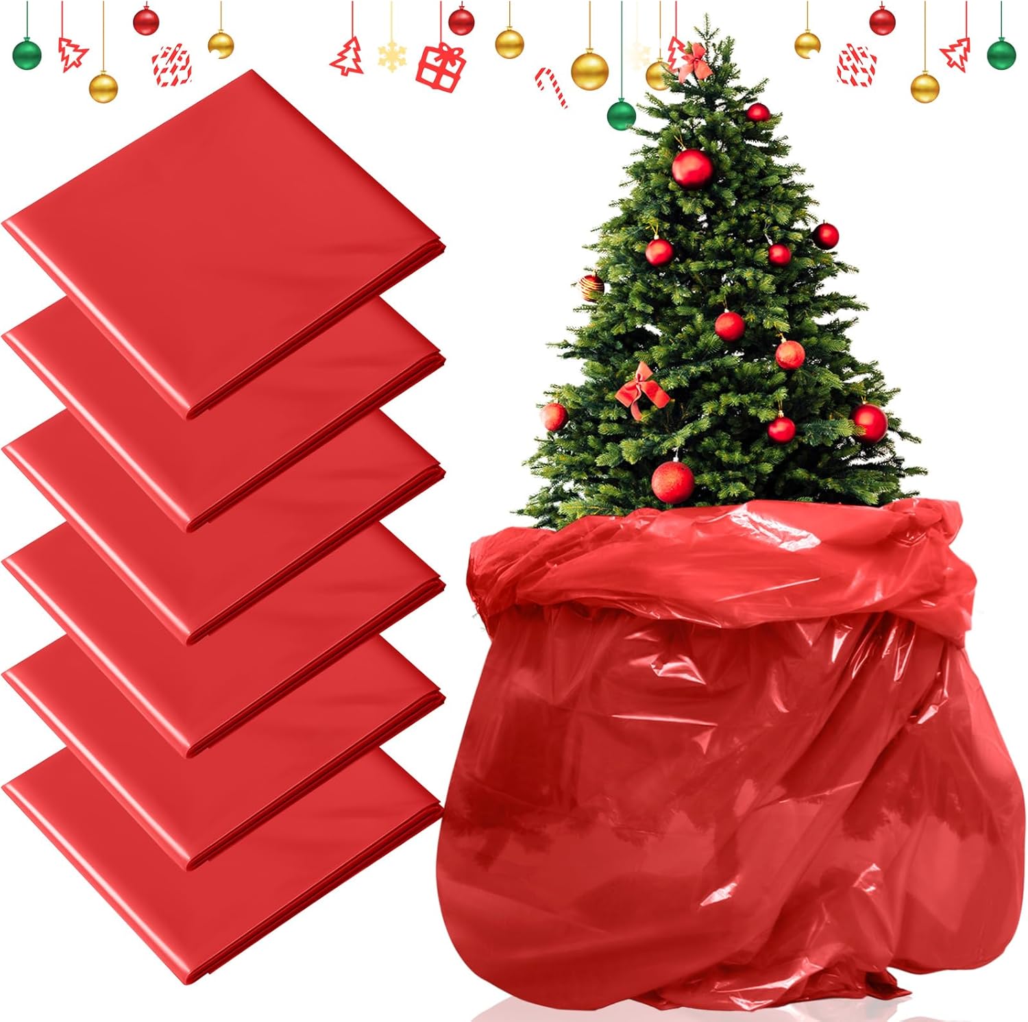 Holiday Décor Storage - Windyun 6 Pcs Christmas Tree Storage Bag Bulk 9 x 6 FT Plastic Xmas Disposal Bag Christmas Removal Bag Dust-Proof Christmas Tree Covers Christmas Tree Skirt for Christmas Tree Store Carrying (Red)