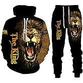 Ufehaho Lion King 3D Printed Men's Hoodies Sweater Set Pullover Tracksuit for Big and Tall 2 Piece Sweatshirt Suit