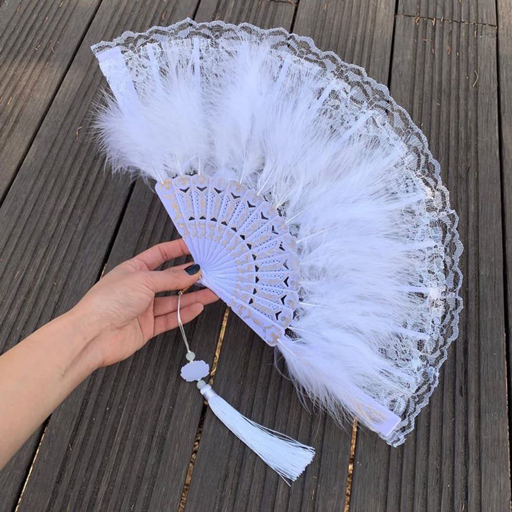 Duories Lace Feather Hand Fan with Tassel Pendant, Folding Fan Vintage Spanish Victorian Women's Fan Dance Hand Fan for Wedding Gift Summer Party Fancy Dress Costume White
