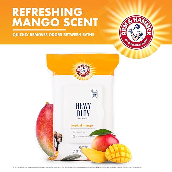 ARM & HAMMER FOR PETS HEAVY DUTY MULTIPURPOSE BATH WIPES FOR DOGS, TRAVEL SIZE, MANGO SCENT | ALL PURPOSE DOG WIPES REMOVE ODOR & REFRESH SKIN FOR PETS | 30 CT PACK OF TRAVEL PET WIPES