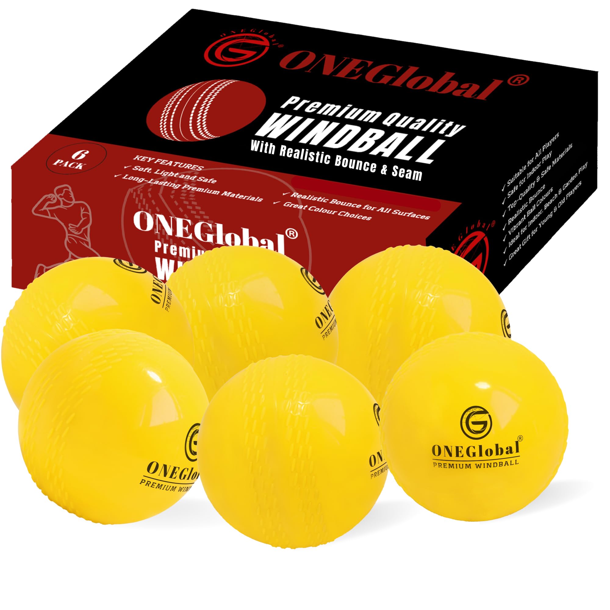 ONEGlobal Premium Windball Soft Cricket Ball | Durable, Embossed Seam, True Bounce & Swing | Wind Ball Cricket Balls for Outdoor & Indoor Practice, Coaching, Garden & Beach Games (6-YELLOW)