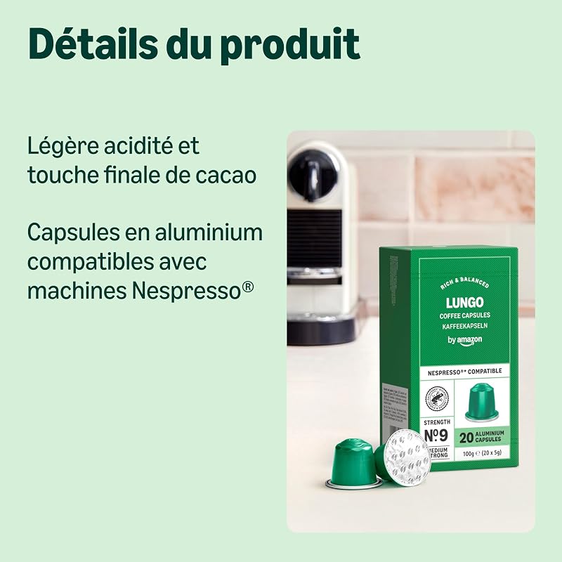 Capsules de café Lungo compatibles avec Nespresso, en aluminium, torréfaction moyennement poussée, 100 Pièces, 5 lot de 20 - Certifié Rainforest Alliance