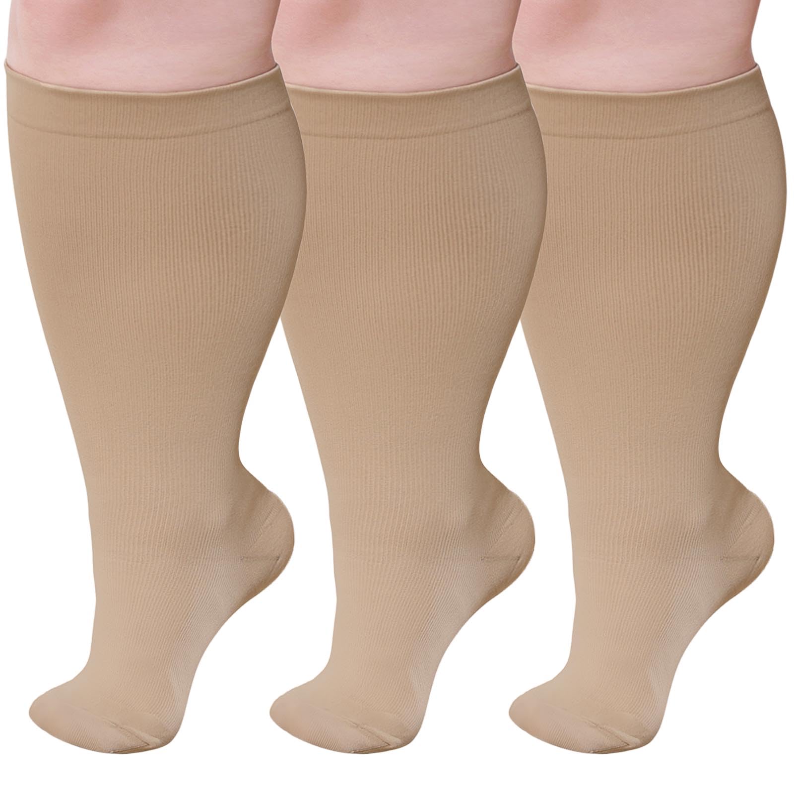 PUTUO Wide Calf Compression Socks: Plus Size Graduated Compression Stockings for Men Women Large Compression Sock for Support Flight Travel Pregnancy Edema Nurses Seniors 20-30 mmHg Beige 4XL 3Pairs
