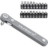 MULWARK 20pc 1/4 Ultra Low Profile Mini Ratchet Wrench Close Quarters Screwdriver Set with High Torque - Right Angle EDC Tool with 90 Degree Mini Offset Reversible Drive Handle &amp; Multi Hex Bits Set