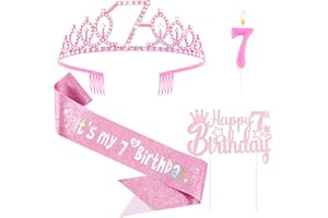 Vovii 7th Birthday Decorations for Girls - Pink Birthday Crown, Glitter Sash, Number 7 Candles and Cake Toppers for Girls 7 Year Old Party Supplies Outfit Gift