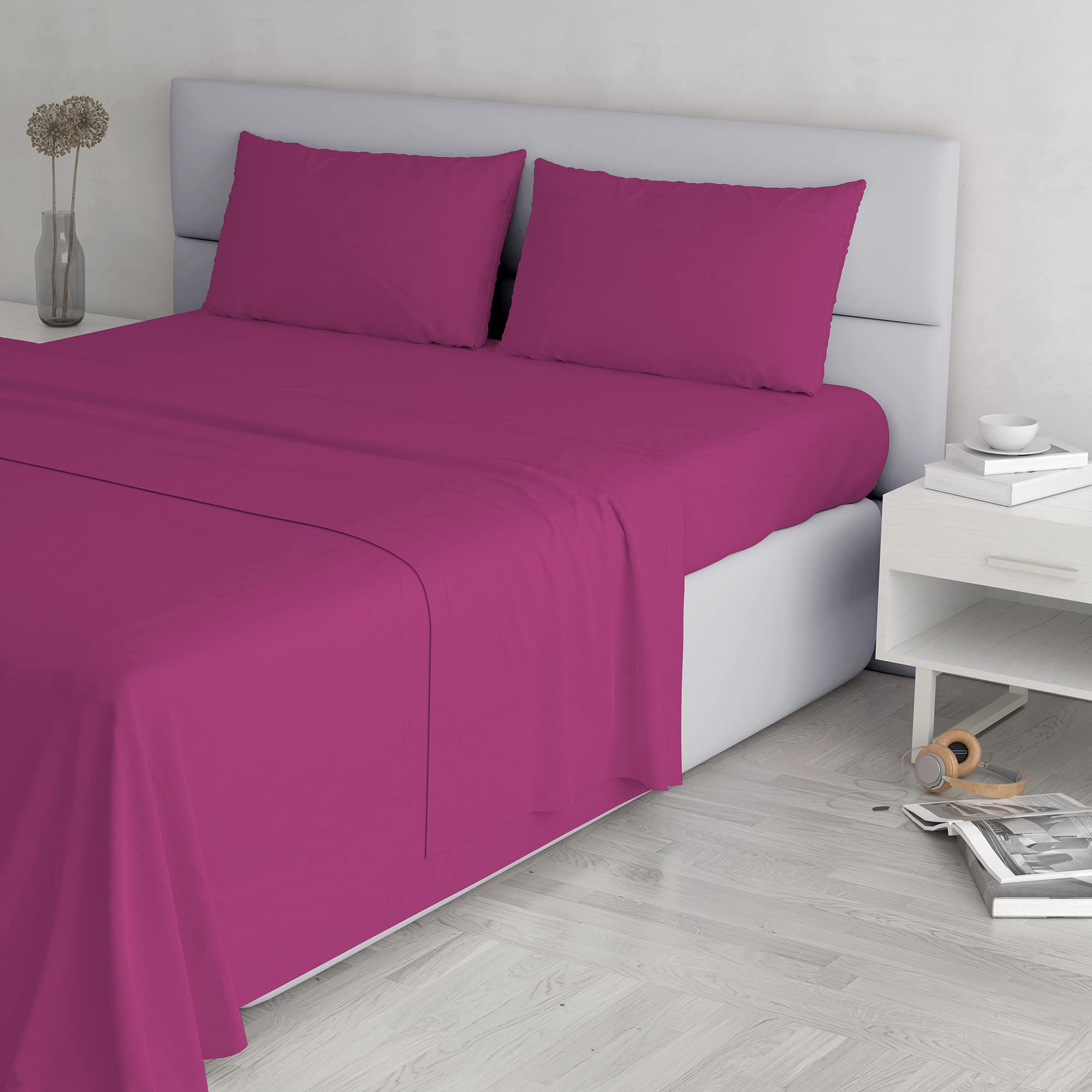 Italian Bed Linen Elegant Bed Linen Set (Flat 250x300, Fitted Sheet 170x200cm+2 Pillowcases 52x82cm), Fuchsia, DOUBLE