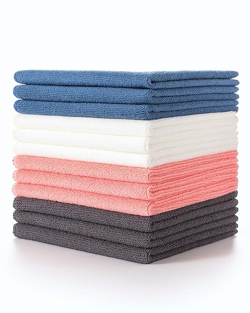 Lumimi Cleaning Cloth 12 Piece Microfiber Ultrafine Very Thick Wiping Drying Well Durable Reusable Multicolored Size 15" x 15" Blue Red White Grey, Pack of 12